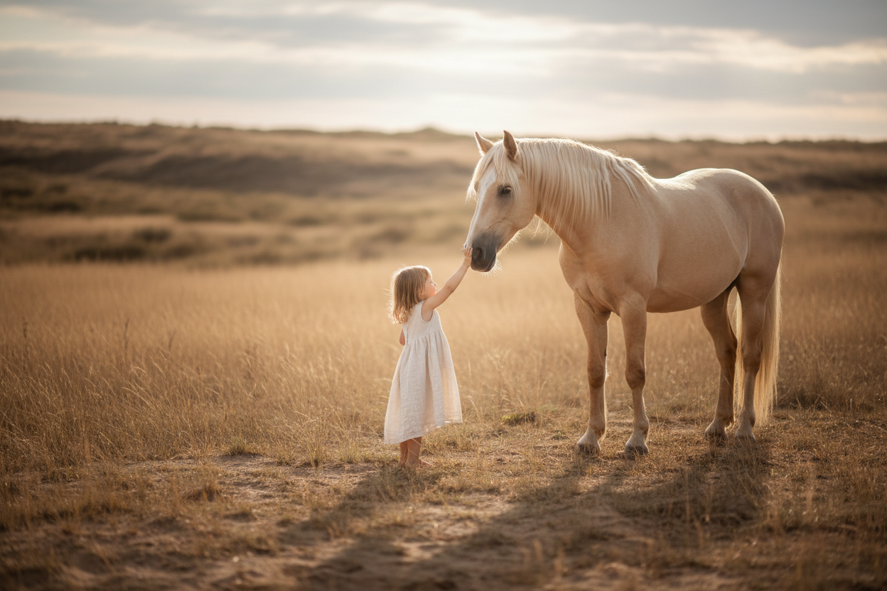 make the picture of little girl playing with horse no need to show girls face beige tones 